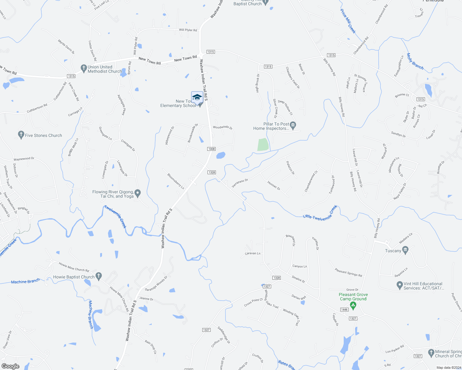 map of restaurants, bars, coffee shops, grocery stores, and more near 5734 Verrazano Drive in Waxhaw