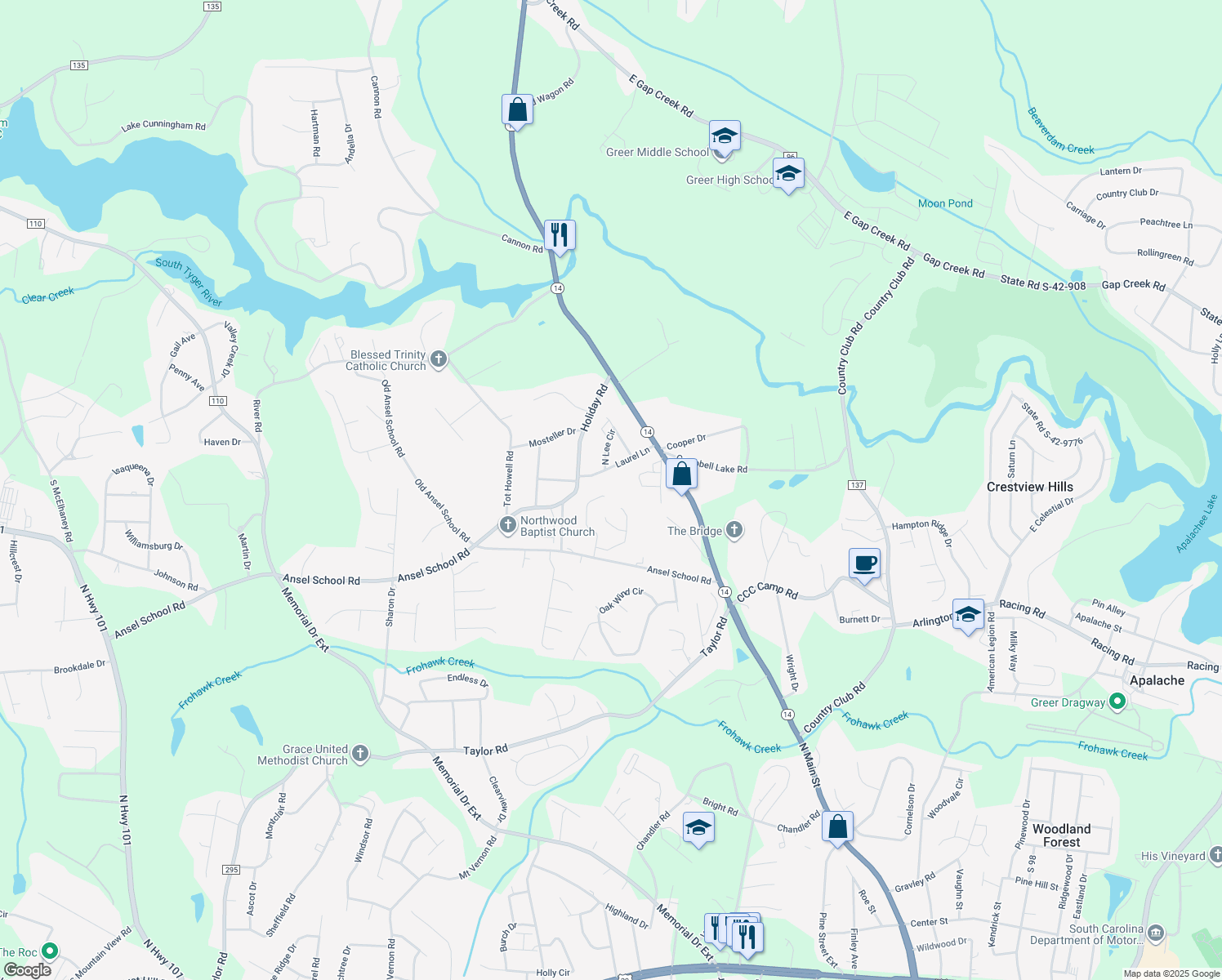 map of restaurants, bars, coffee shops, grocery stores, and more near 627 Ashley Commons Court in Greer
