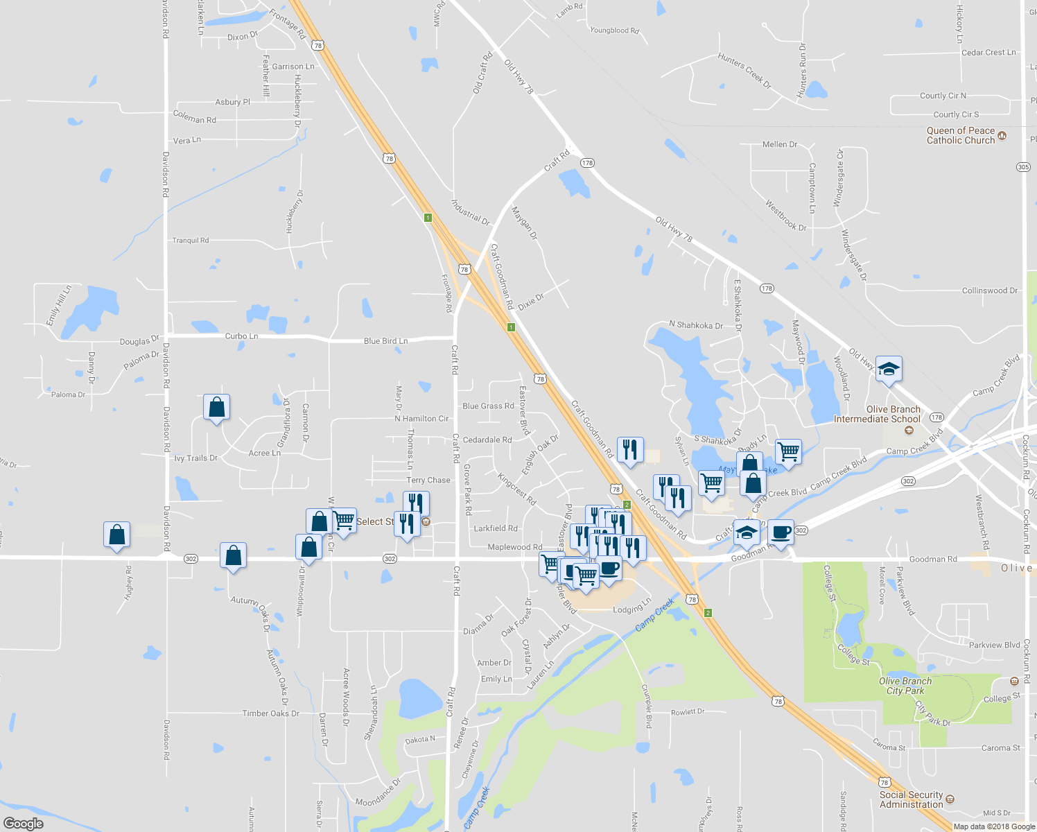 map of restaurants, bars, coffee shops, grocery stores, and more near 7499 Eastover Boulevard in Olive Branch