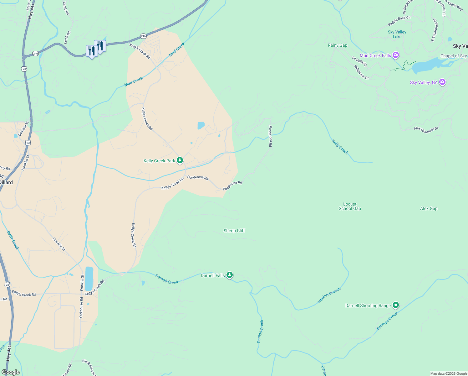 map of restaurants, bars, coffee shops, grocery stores, and more near 402 Ponderosa Road in Rabun Gap