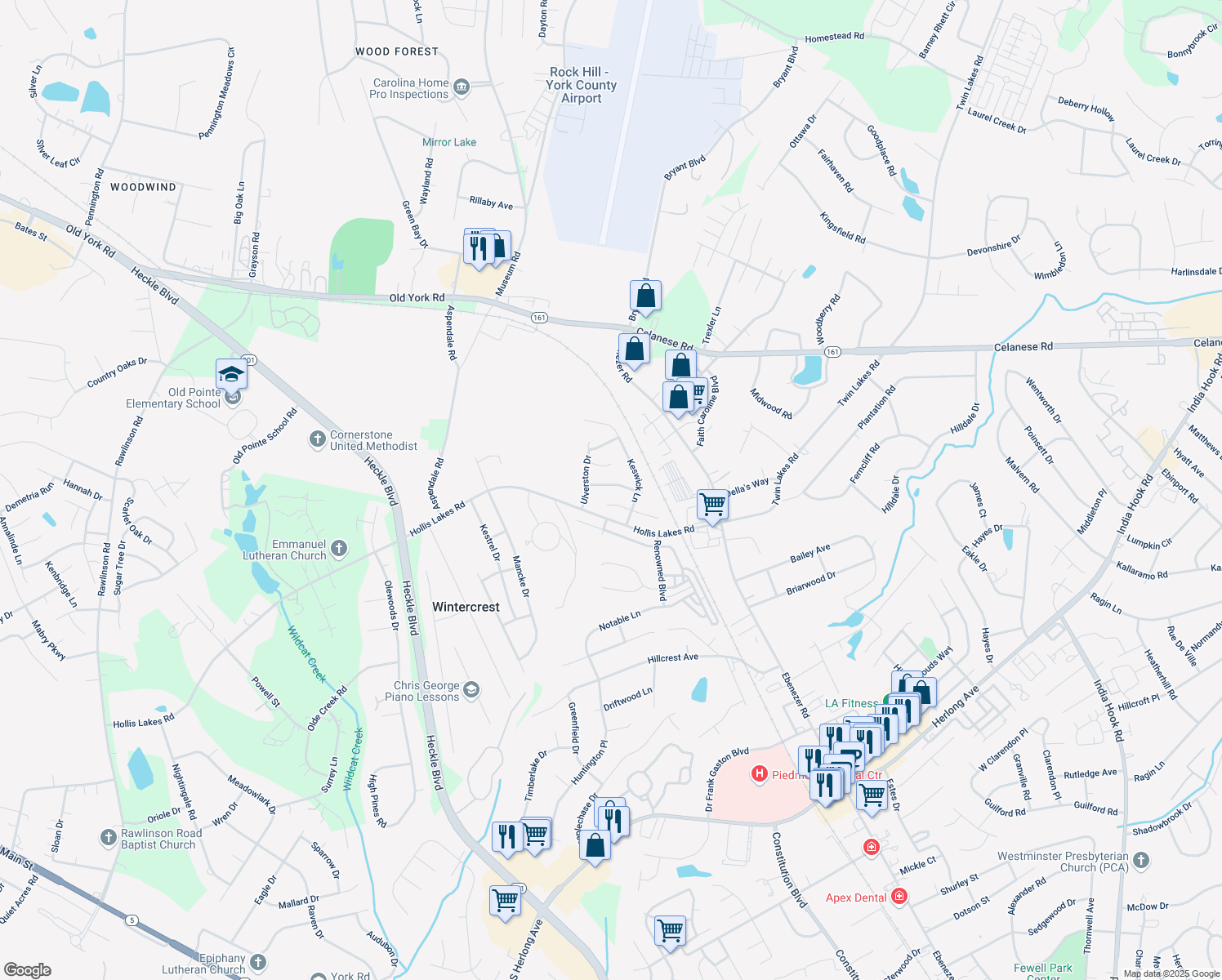 map of restaurants, bars, coffee shops, grocery stores, and more near 303 Chelveston Dr in Rock Hill