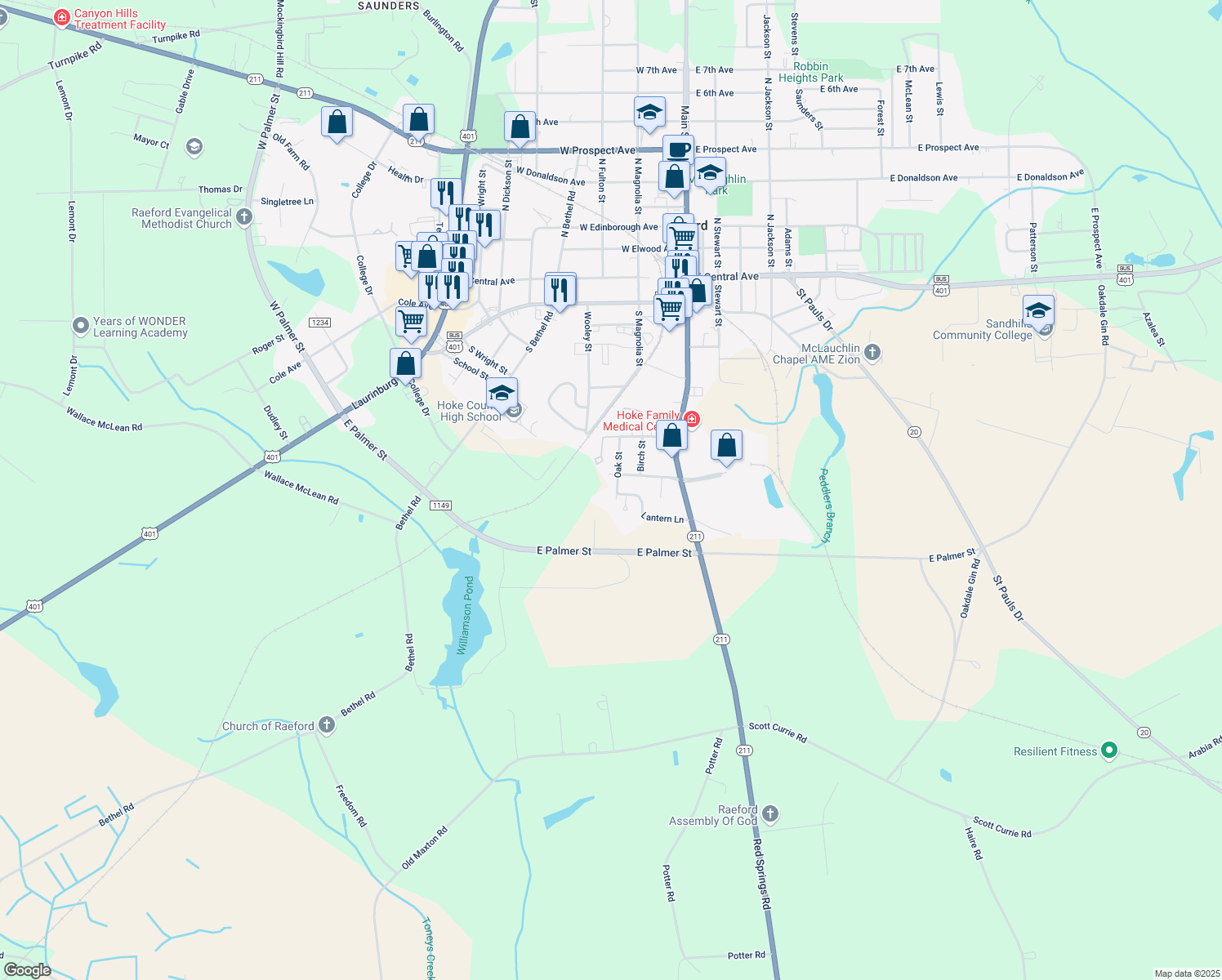 map of restaurants, bars, coffee shops, grocery stores, and more near 179 Oak Street in Raeford