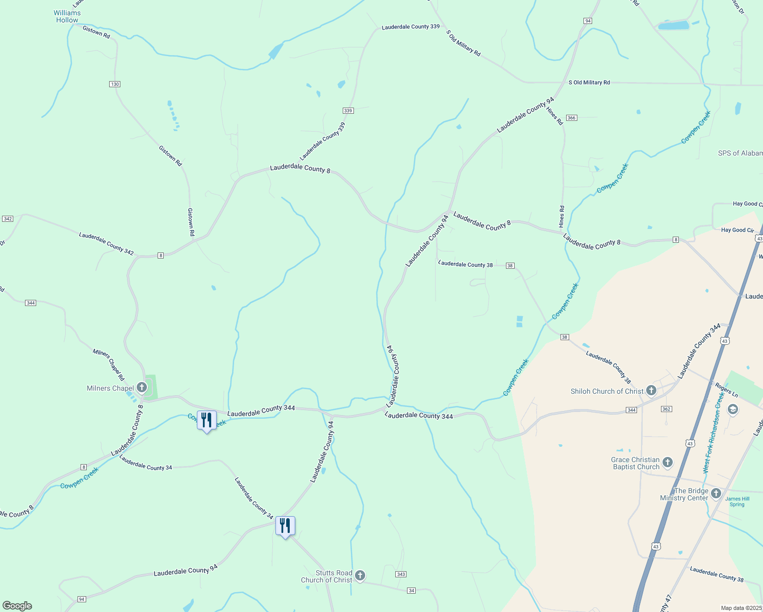 map of restaurants, bars, coffee shops, grocery stores, and more near 6096-6288 Lauderdale County 94 in Killen