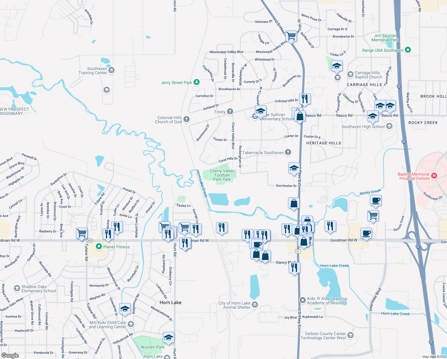 map of restaurants, bars, coffee shops, grocery stores, and more near 7526 Cherry Valley Boulevard in Southaven
