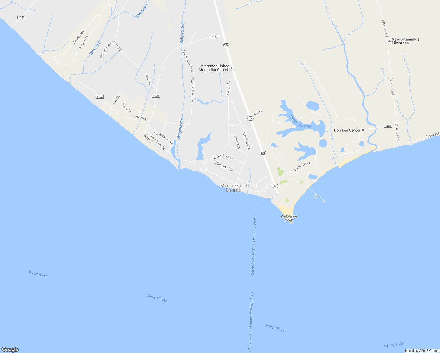 map of restaurants, bars, coffee shops, grocery stores, and more near 522 Country Club Drive in Minnesott Beach