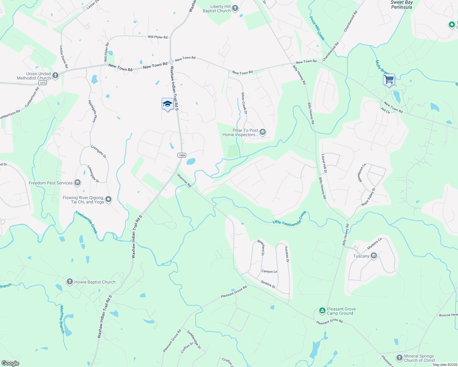 map of restaurants, bars, coffee shops, grocery stores, and more near 1608 Hoosac Drive in Waxhaw