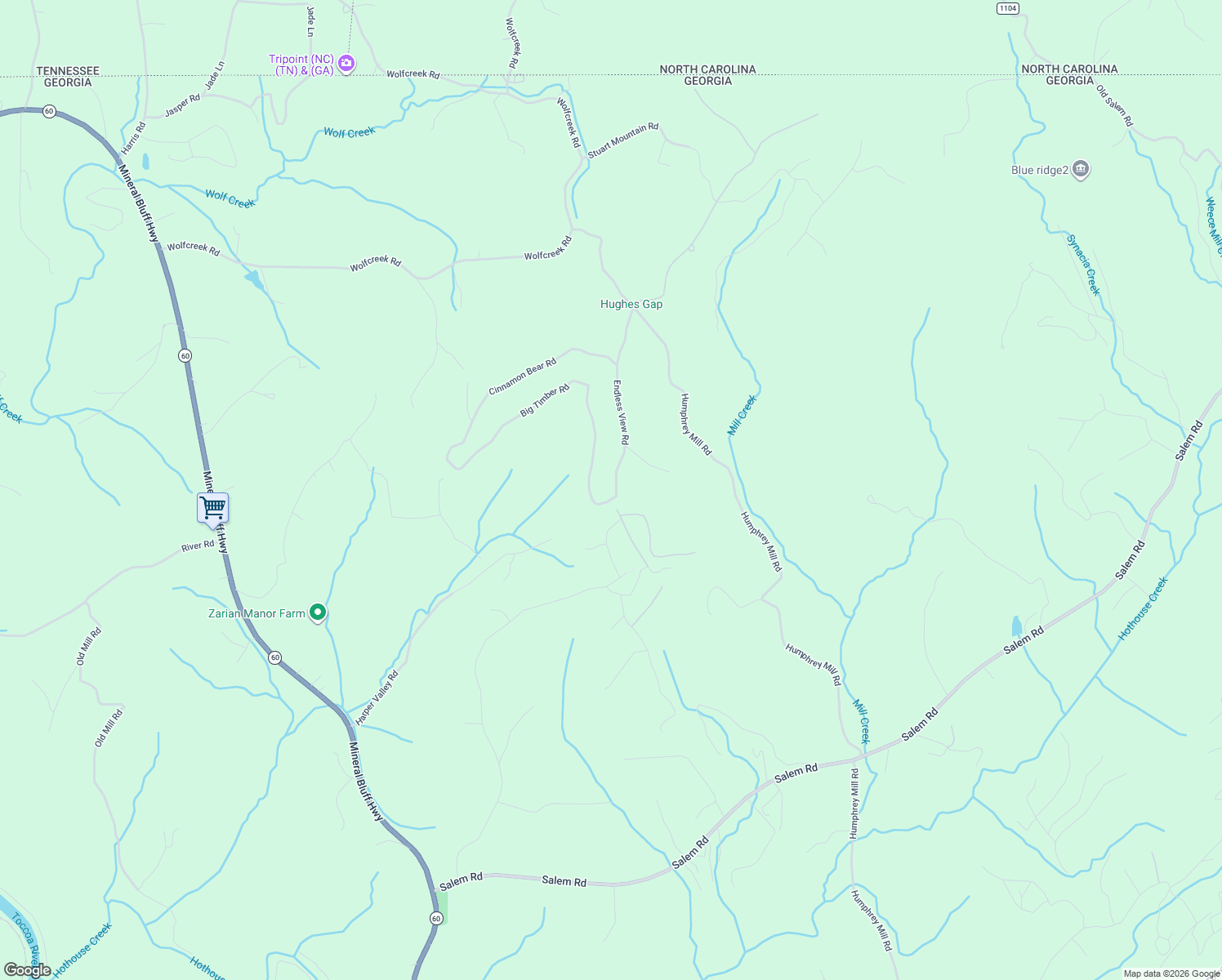 map of restaurants, bars, coffee shops, grocery stores, and more near 529 Endless View Road in Mineral Bluff