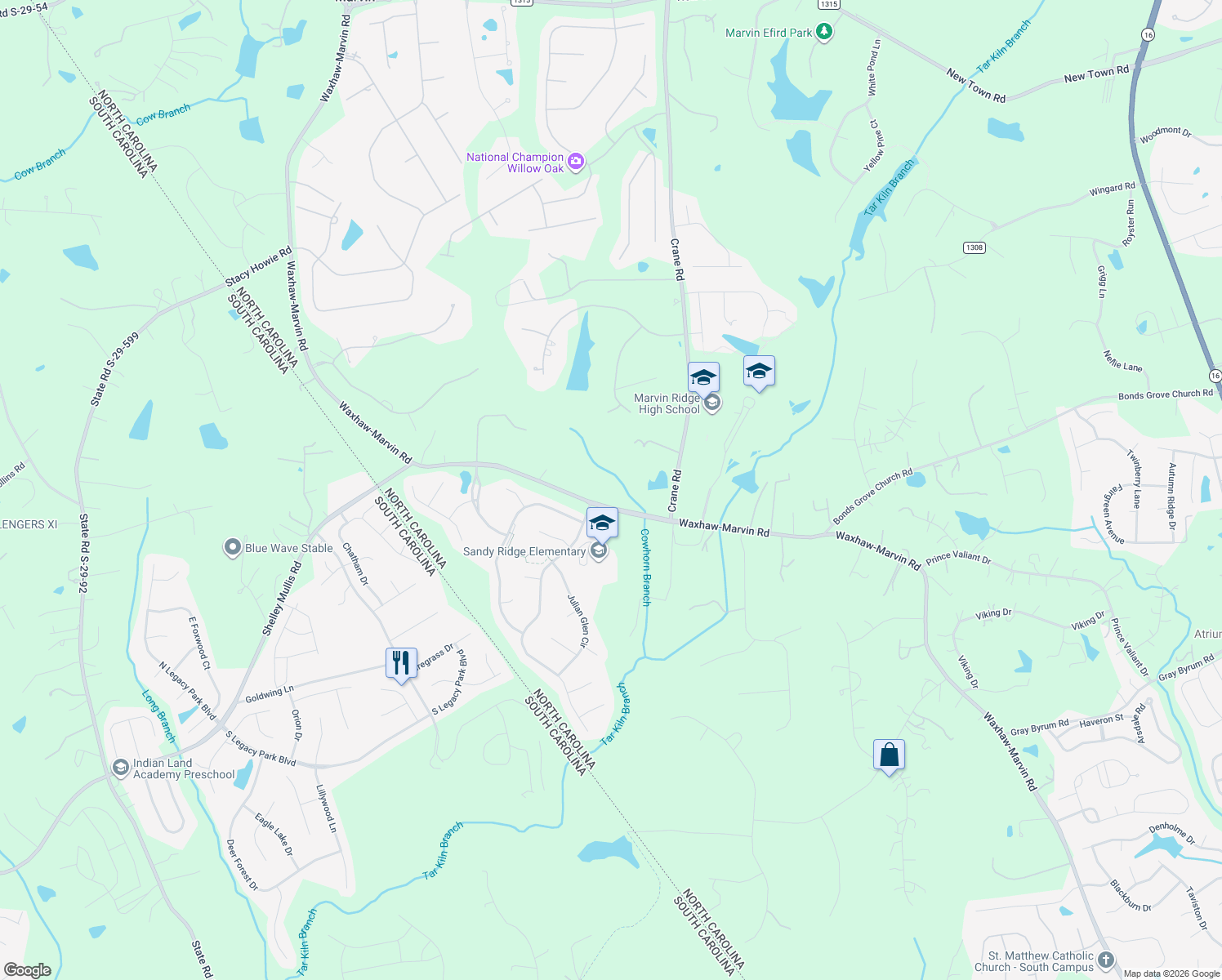 map of restaurants, bars, coffee shops, grocery stores, and more near 2507 Waxhaw-Marvin Rd in Waxhaw