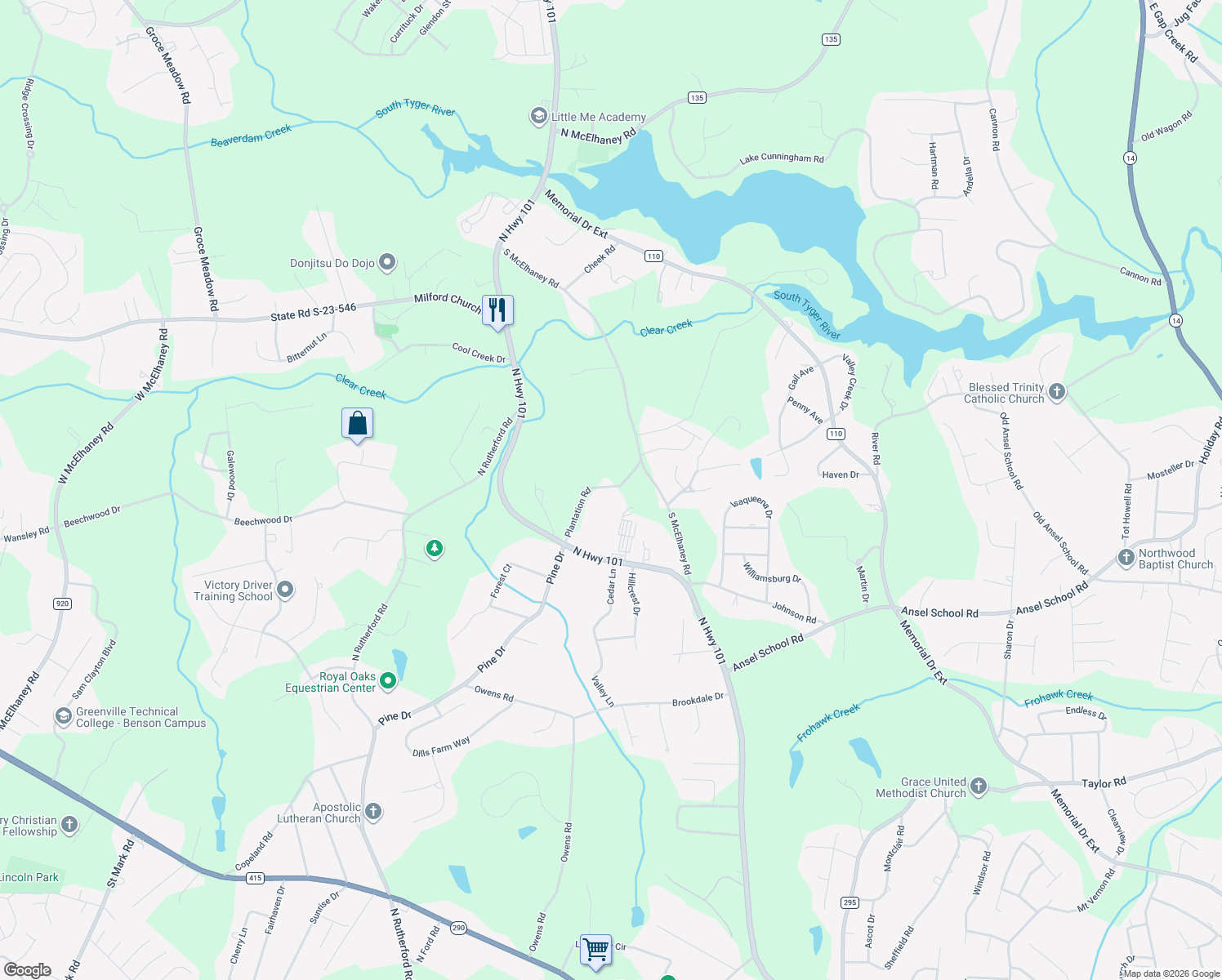 map of restaurants, bars, coffee shops, grocery stores, and more near 1027 Plantation Road in Greer