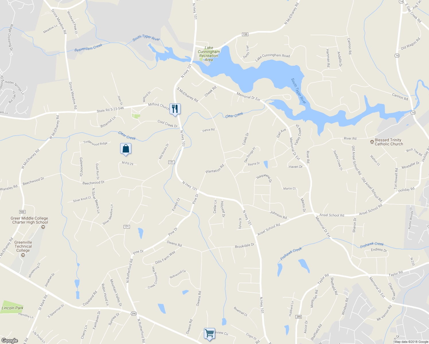 map of restaurants, bars, coffee shops, grocery stores, and more near 1027 Plantation Road in Greer