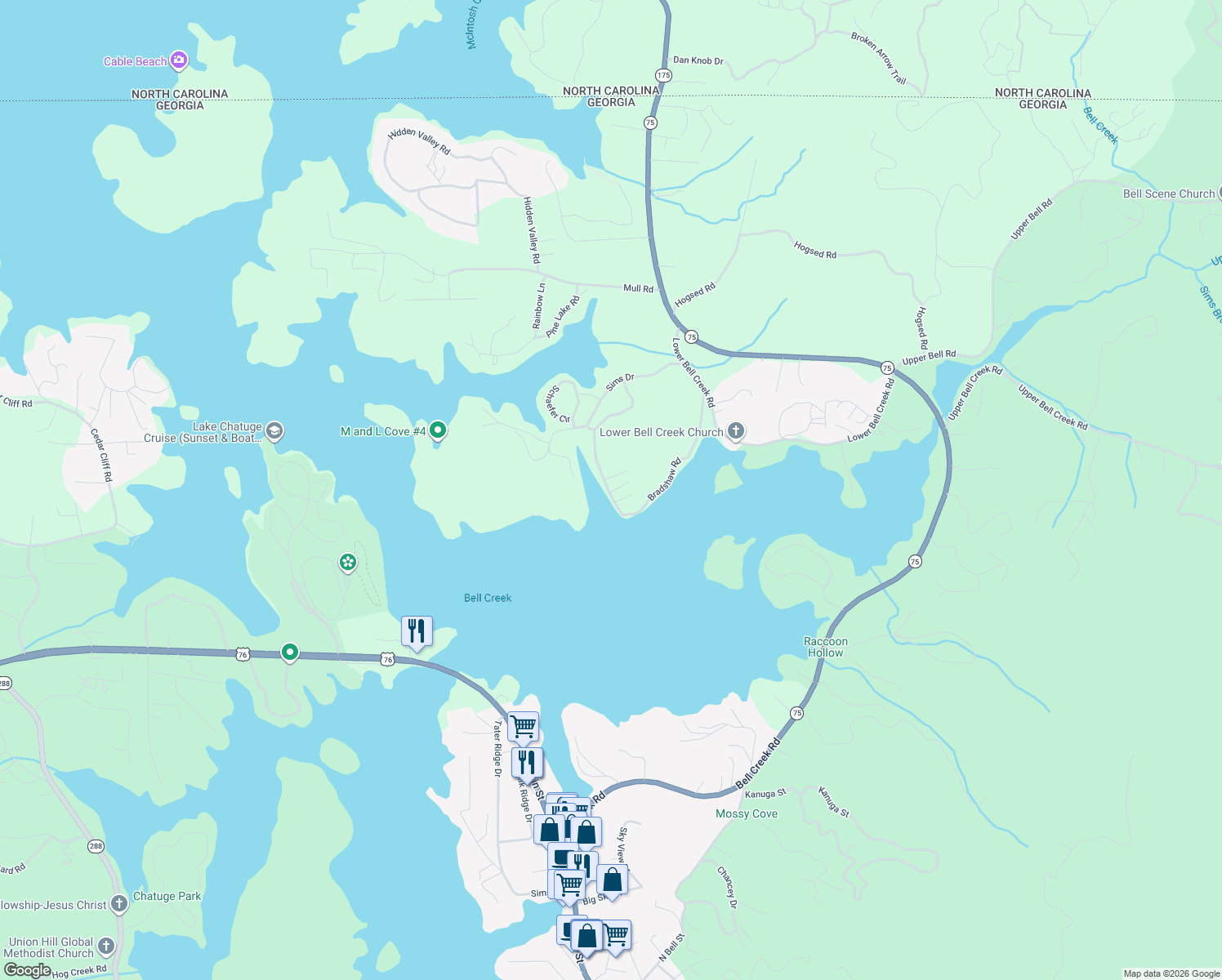 map of restaurants, bars, coffee shops, grocery stores, and more near 44 Lone Pine Lane in Hiawassee