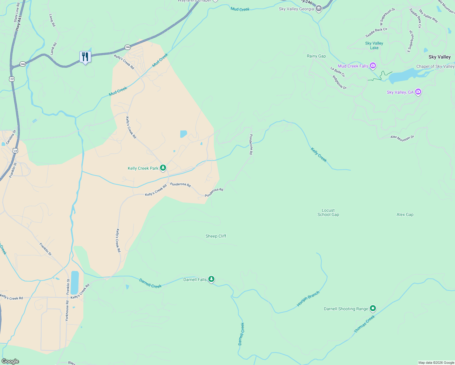map of restaurants, bars, coffee shops, grocery stores, and more near Ponderosa Road in Rabun Gap