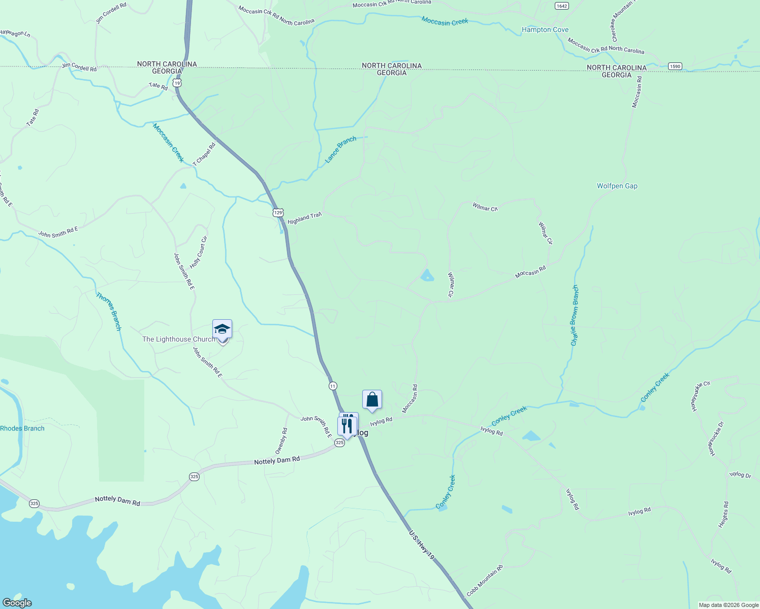 map of restaurants, bars, coffee shops, grocery stores, and more near 5495 12 Point Road in Blairsville