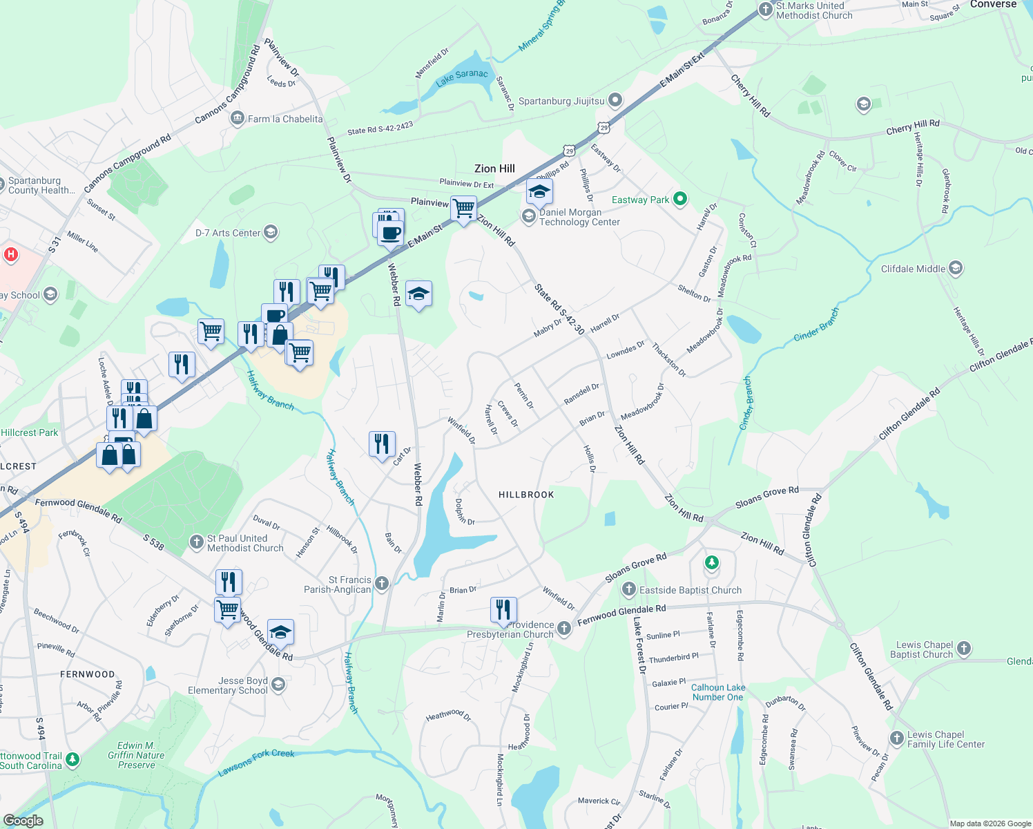 map of restaurants, bars, coffee shops, grocery stores, and more near 300 Crews Drive in Spartanburg
