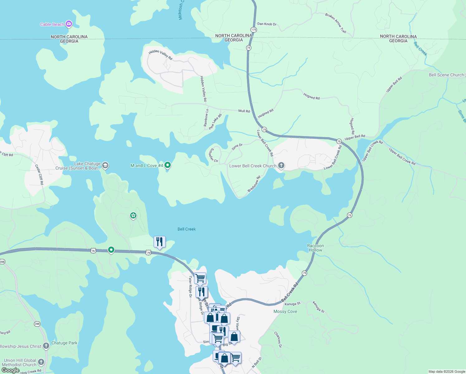 map of restaurants, bars, coffee shops, grocery stores, and more near 44 Lone Pine Lane in Hiawassee