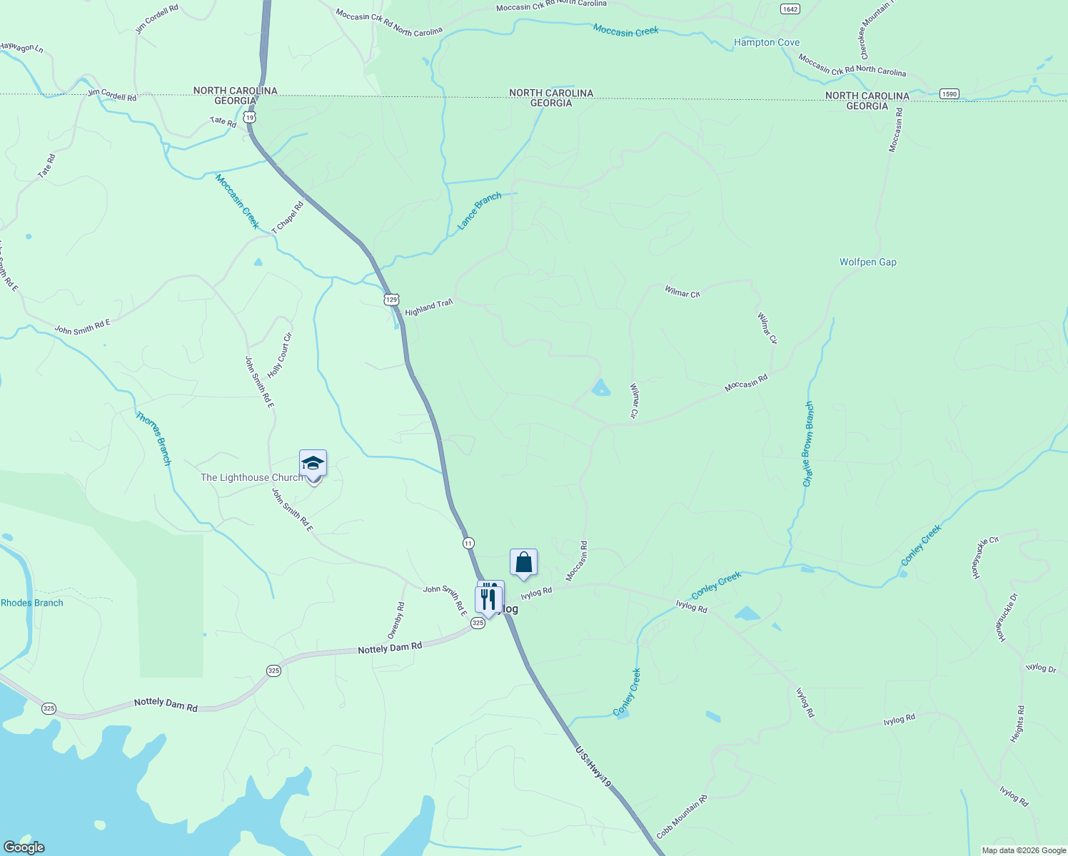 map of restaurants, bars, coffee shops, grocery stores, and more near 5495 12 Point Road in Blairsville