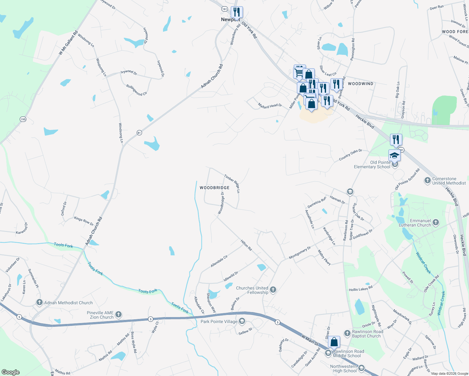 map of restaurants, bars, coffee shops, grocery stores, and more near 2947 Timber Ridge Ln in Rock Hill