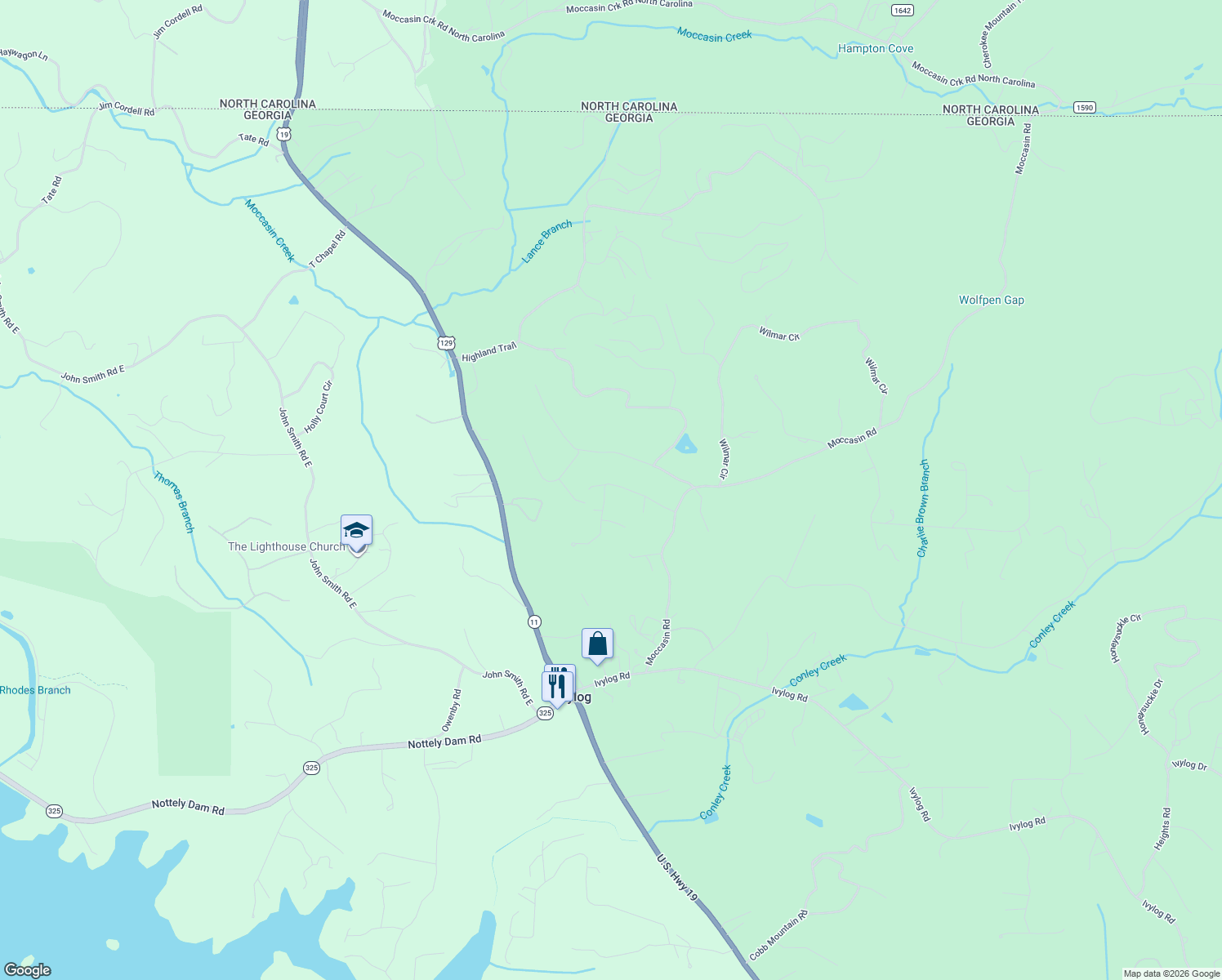 map of restaurants, bars, coffee shops, grocery stores, and more near 5495 12 Point Road in Blairsville