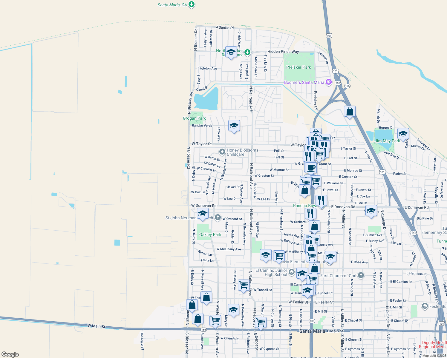 map of restaurants, bars, coffee shops, grocery stores, and more near 1726 North Western Avenue in Santa Maria