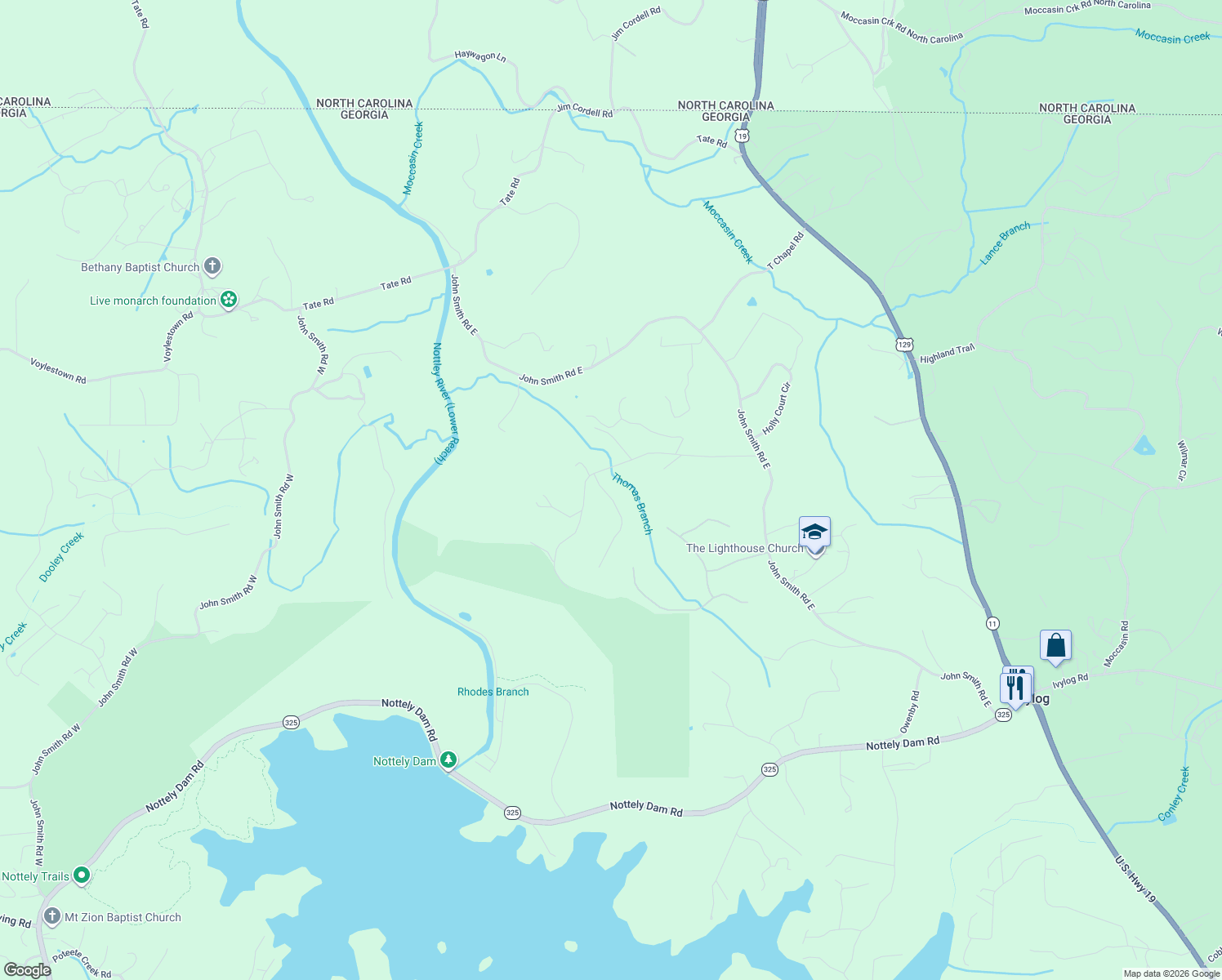 map of restaurants, bars, coffee shops, grocery stores, and more near 71 Brookhaven Drive in Blairsville