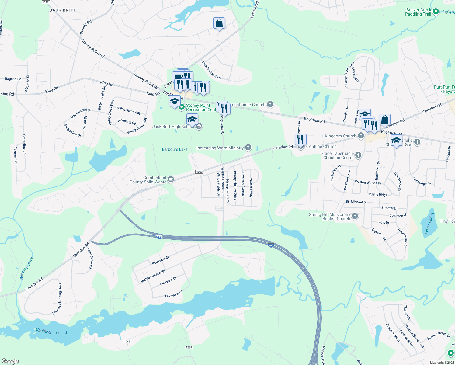 map of restaurants, bars, coffee shops, grocery stores, and more near 4116 Newgate Street in Fayetteville