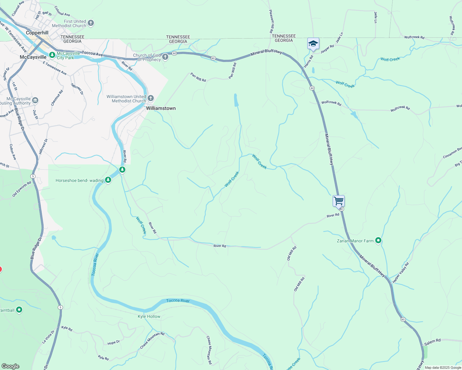 map of restaurants, bars, coffee shops, grocery stores, and more near 149 Happy Hollow Lane in Mineral Bluff