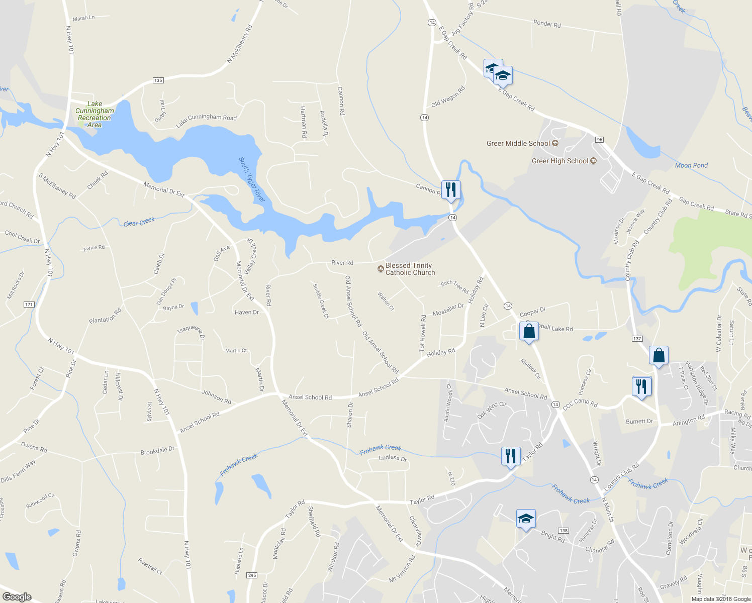 map of restaurants, bars, coffee shops, grocery stores, and more near 116 Walton Court in Greer