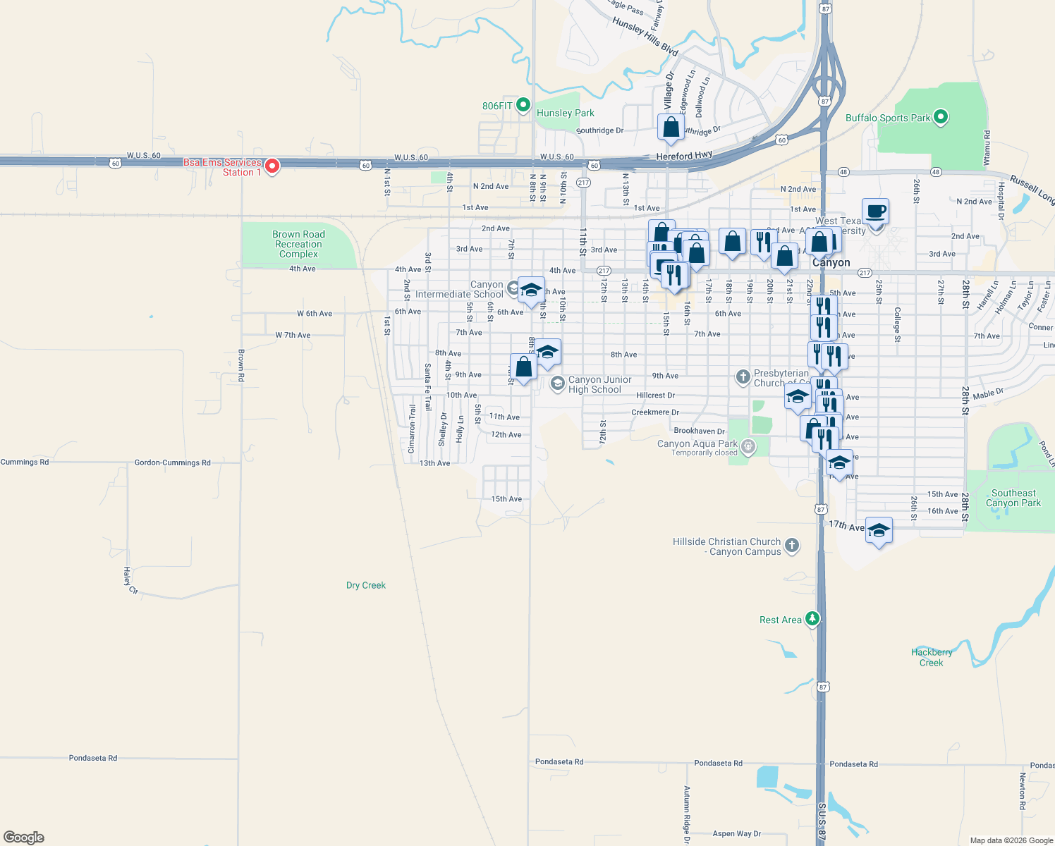 map of restaurants, bars, coffee shops, grocery stores, and more near 1102 8th St in Canyon