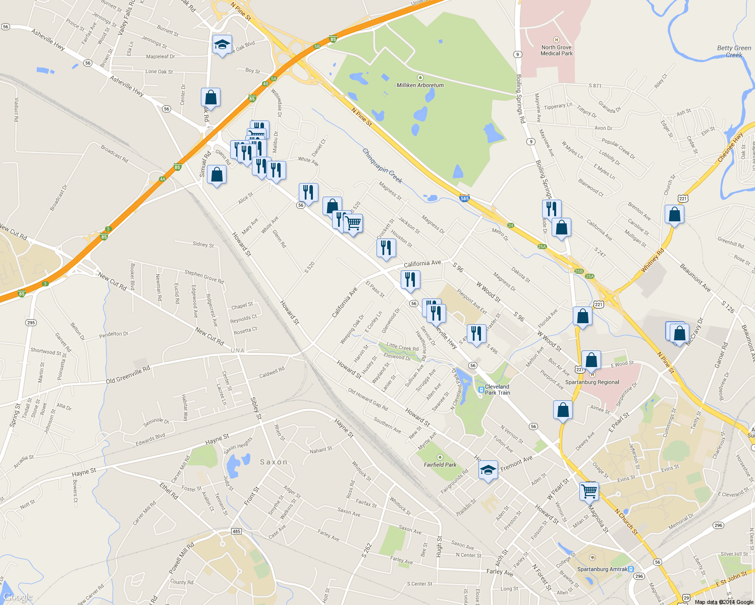 map of restaurants, bars, coffee shops, grocery stores, and more near 269 Weeping Oak Dr in Spartanburg