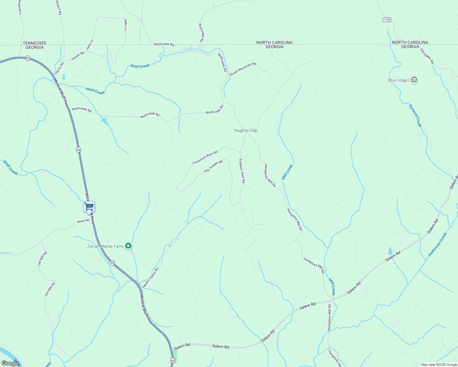 map of restaurants, bars, coffee shops, grocery stores, and more near 165 Big Timber Road in Mineral Bluff