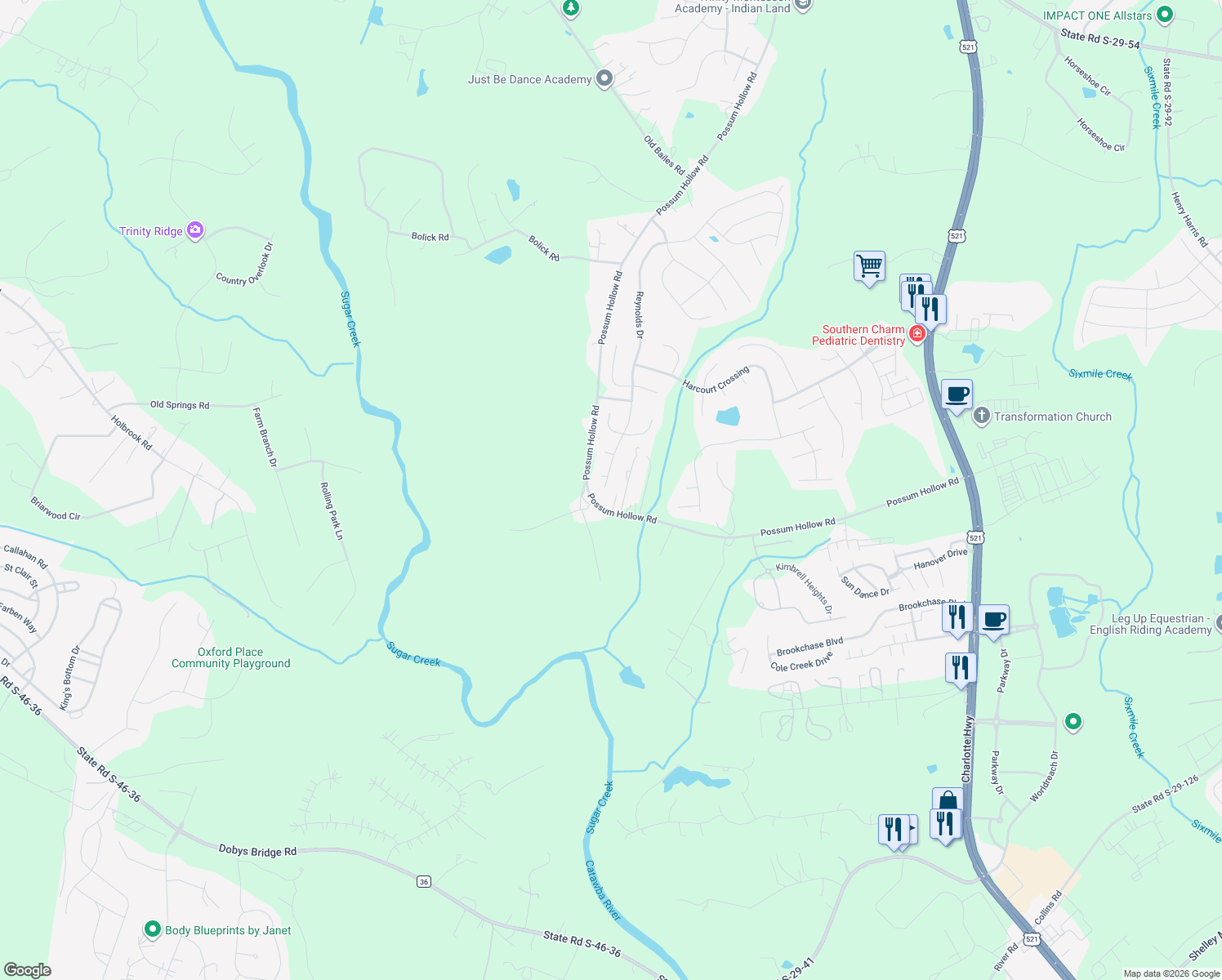 map of restaurants, bars, coffee shops, grocery stores, and more near 16305 Reynolds Drive in Indian Land