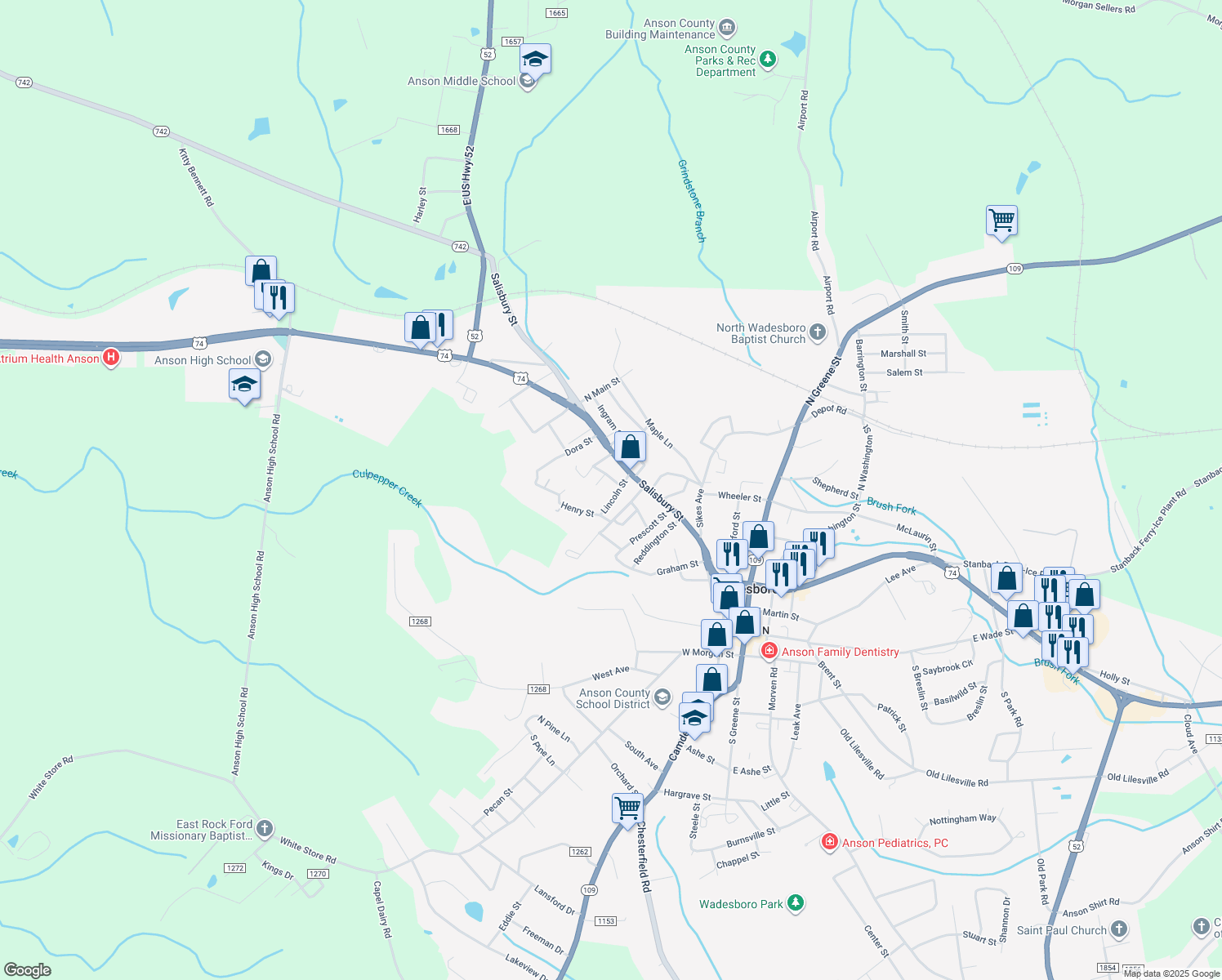 map of restaurants, bars, coffee shops, grocery stores, and more near 503 Lincoln St in Wadesboro