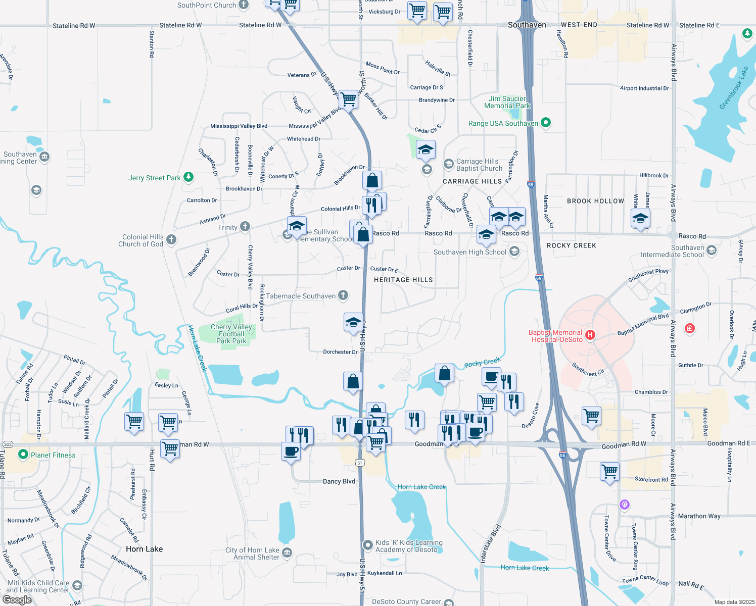 map of restaurants, bars, coffee shops, grocery stores, and more near 7661 Davis Parkway in Southaven