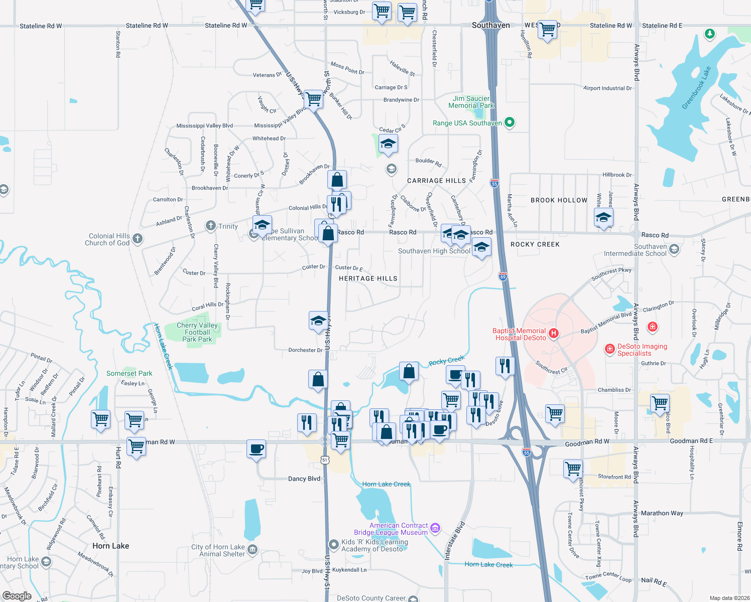 map of restaurants, bars, coffee shops, grocery stores, and more near 7664 Annesdale Drive in Southaven