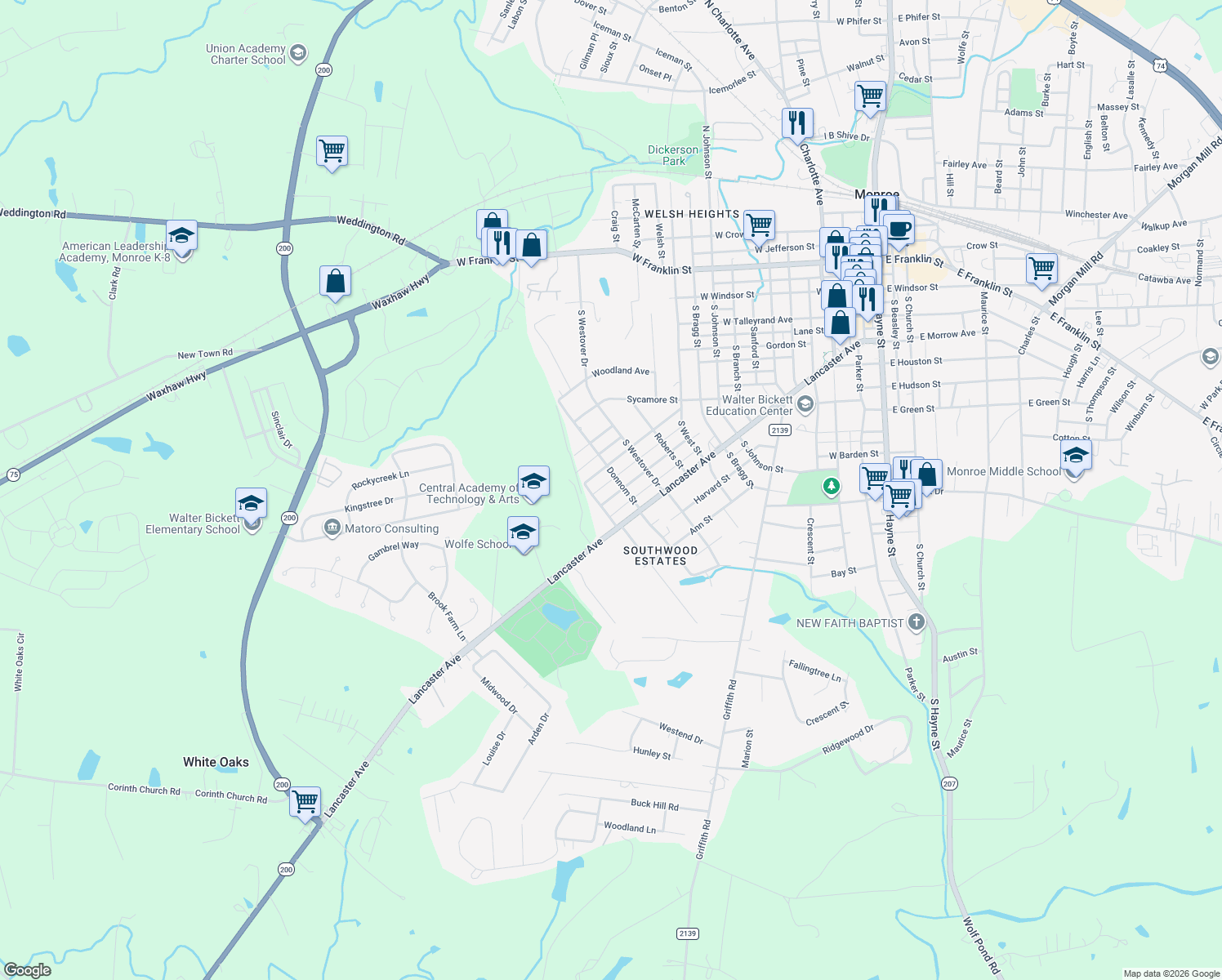 map of restaurants, bars, coffee shops, grocery stores, and more near 1402 Lucille Street in Monroe