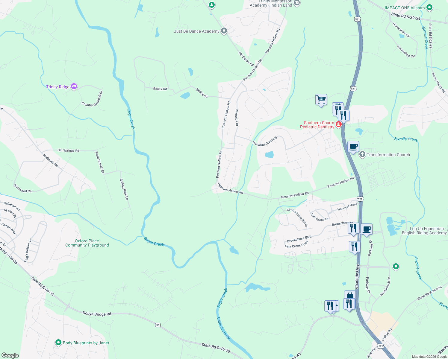 map of restaurants, bars, coffee shops, grocery stores, and more near 16305 Reynolds Drive in Indian Land