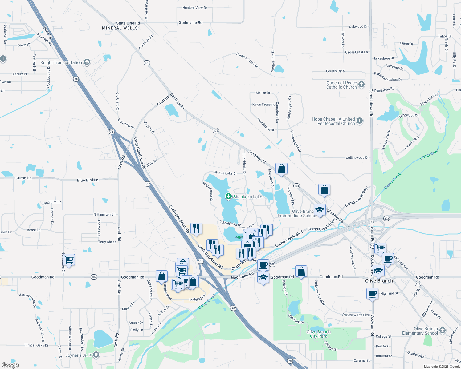 map of restaurants, bars, coffee shops, grocery stores, and more near 7915 Mimosa Drive in Olive Branch