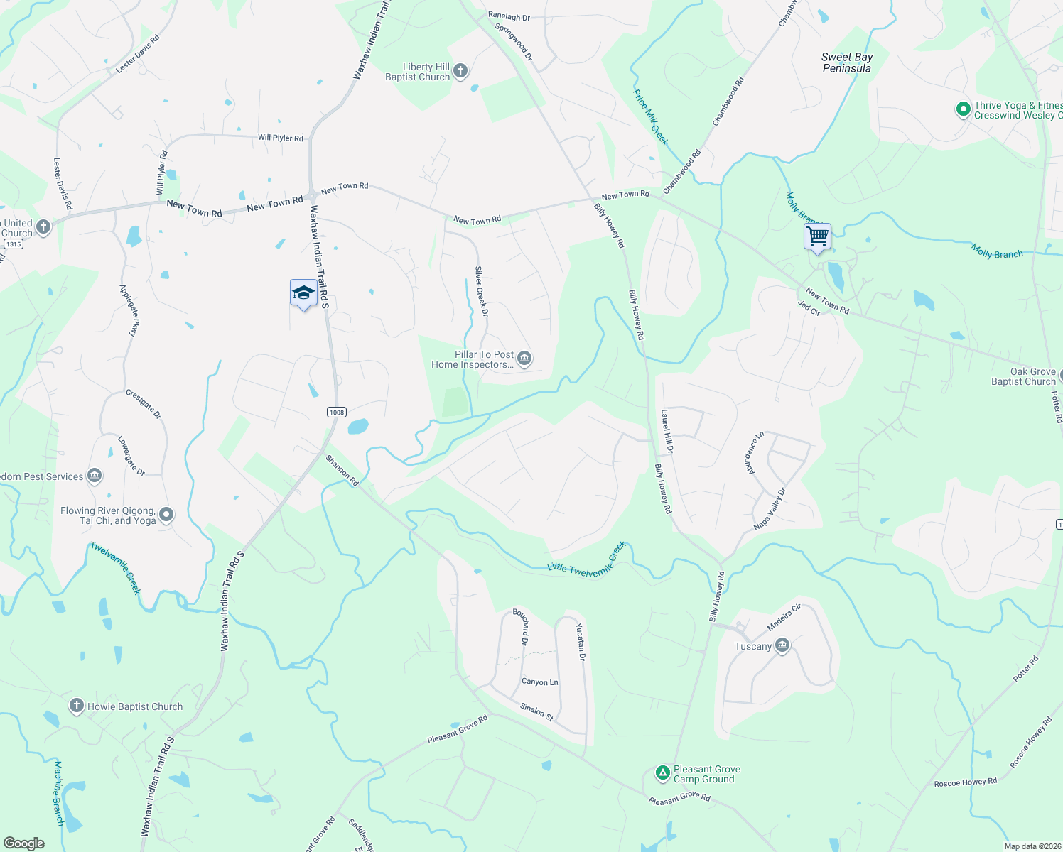 map of restaurants, bars, coffee shops, grocery stores, and more near 5507 Verrazano Drive in Waxhaw