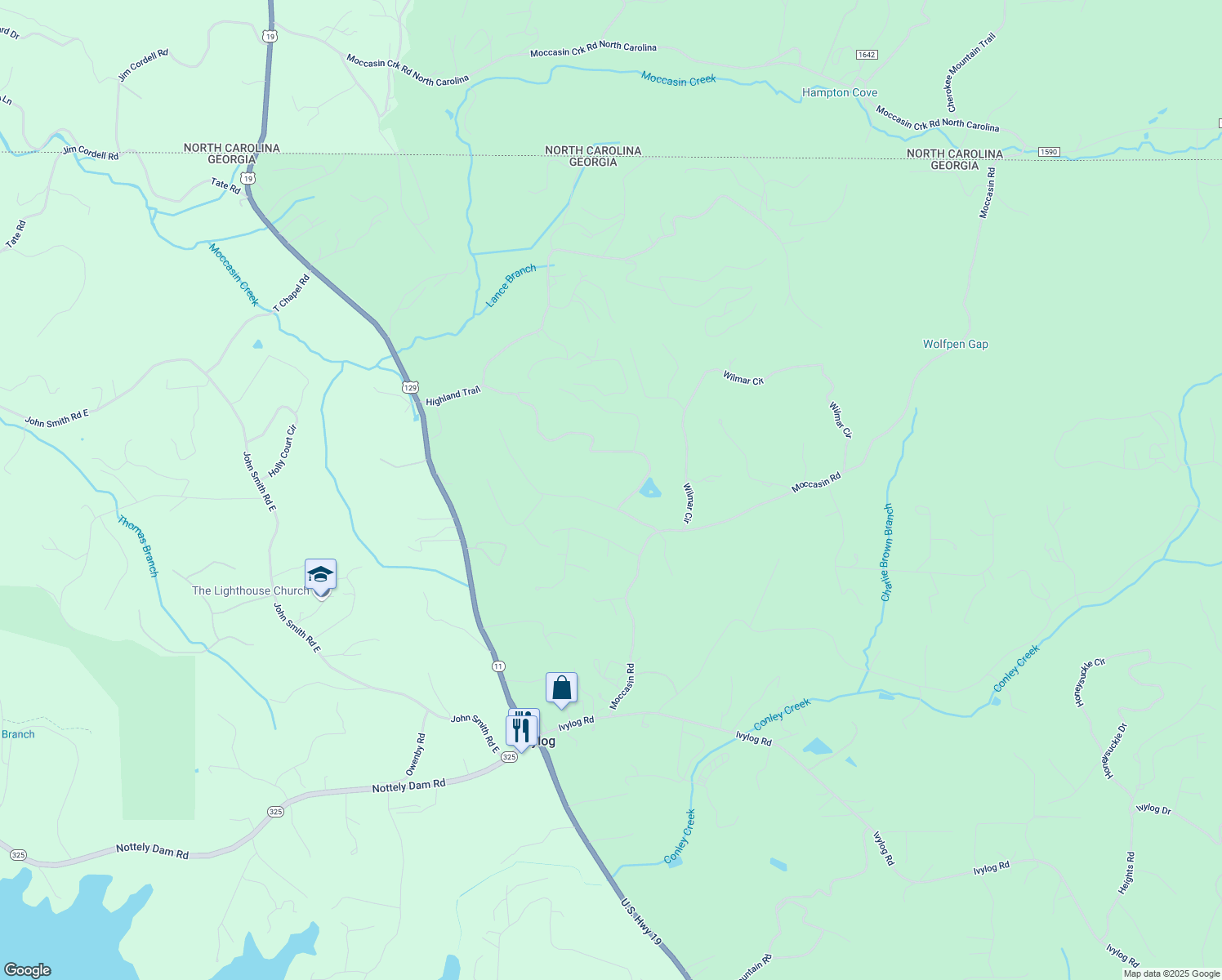 map of restaurants, bars, coffee shops, grocery stores, and more near 180 Lance Crossing Road in Blairsville