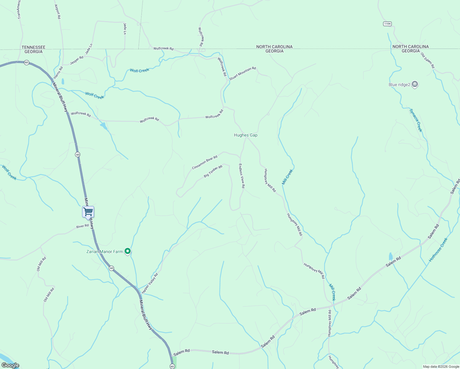 map of restaurants, bars, coffee shops, grocery stores, and more near 165 Big Timber Road in Mineral Bluff
