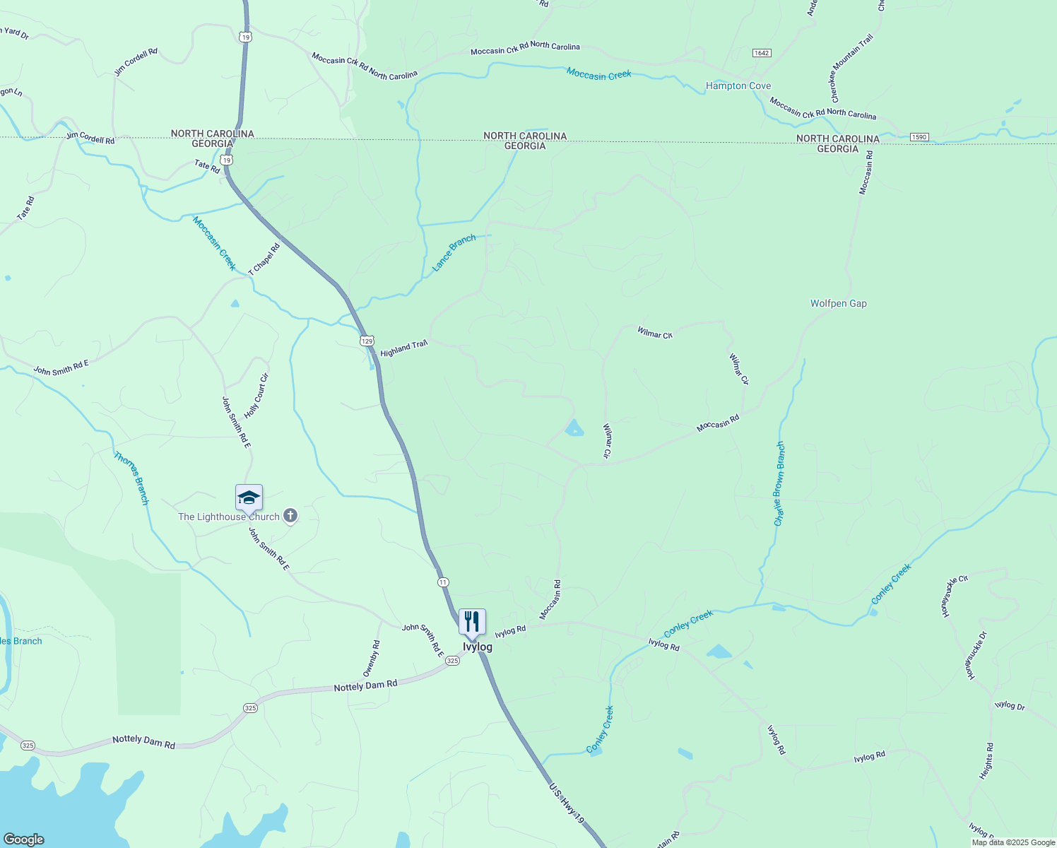 map of restaurants, bars, coffee shops, grocery stores, and more near 180 Lance Crossing Road in Blairsville