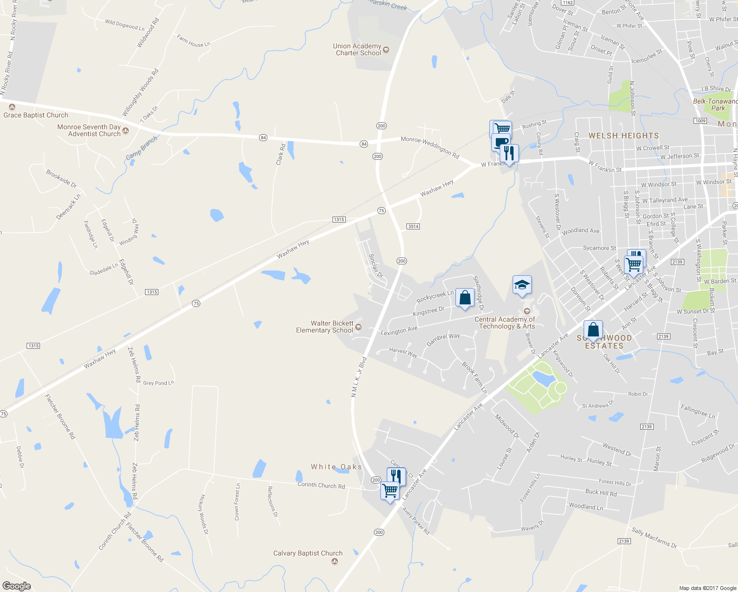 map of restaurants, bars, coffee shops, grocery stores, and more near 1011 Tradewinds Drive in Monroe