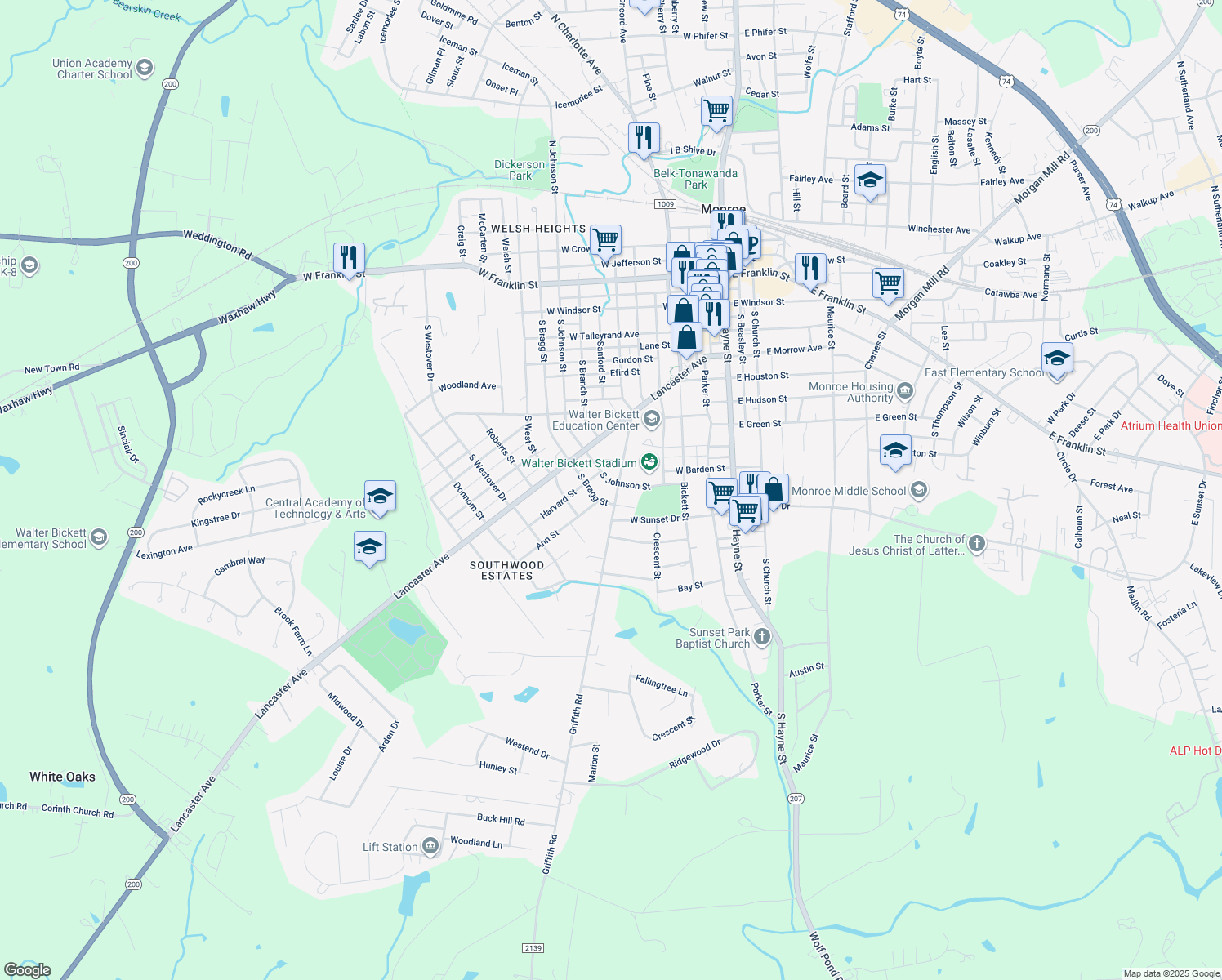 map of restaurants, bars, coffee shops, grocery stores, and more near 404 Griffith Rd in Monroe