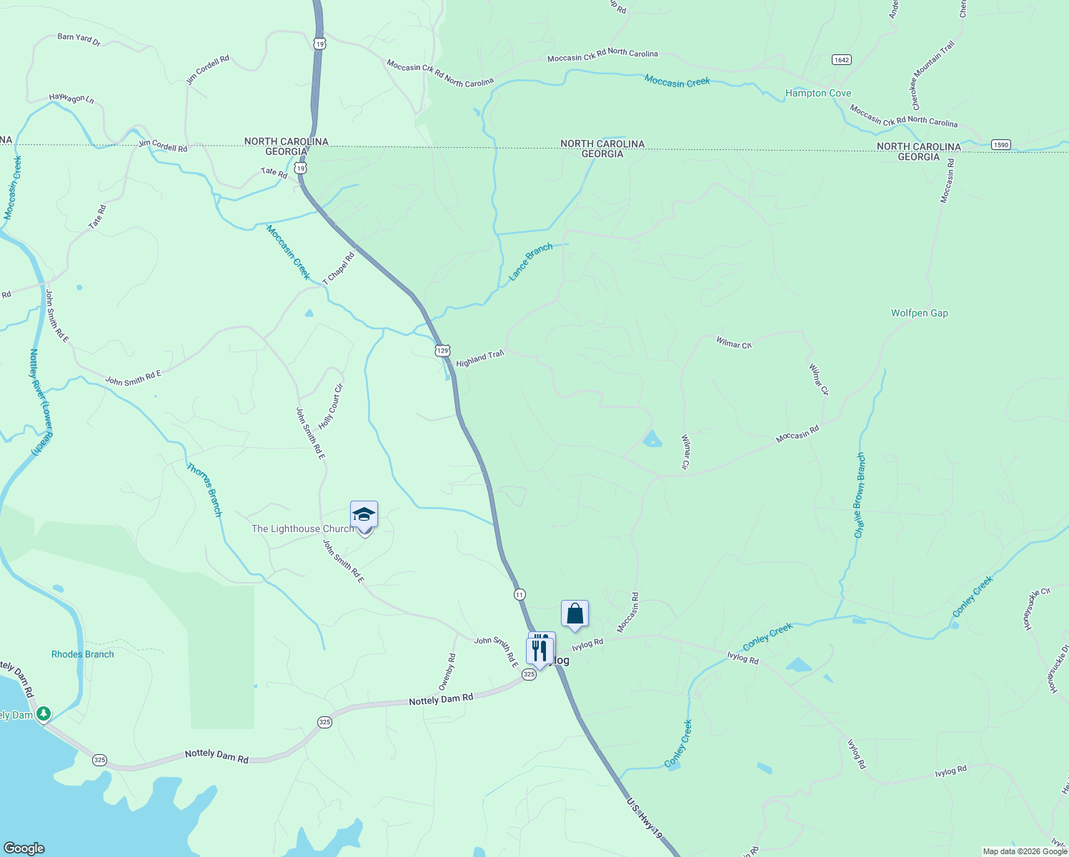 map of restaurants, bars, coffee shops, grocery stores, and more near 457 Lance Crossing Road in Blairsville