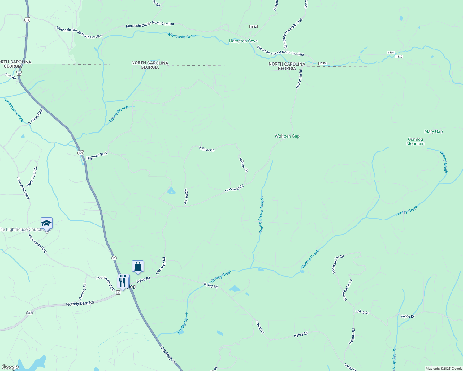 map of restaurants, bars, coffee shops, grocery stores, and more near 58 Durbin Road in Blairsville