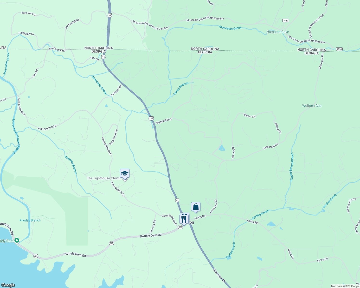 map of restaurants, bars, coffee shops, grocery stores, and more near 457 Lance Crossing Road in Blairsville