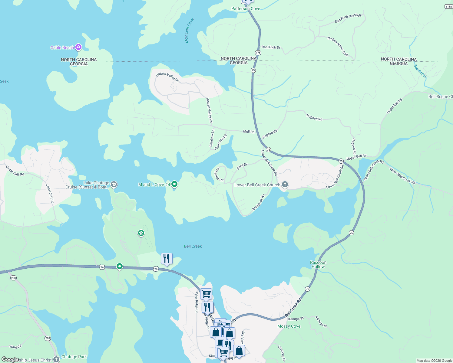 map of restaurants, bars, coffee shops, grocery stores, and more near 100 Sims Drive in Hiawassee