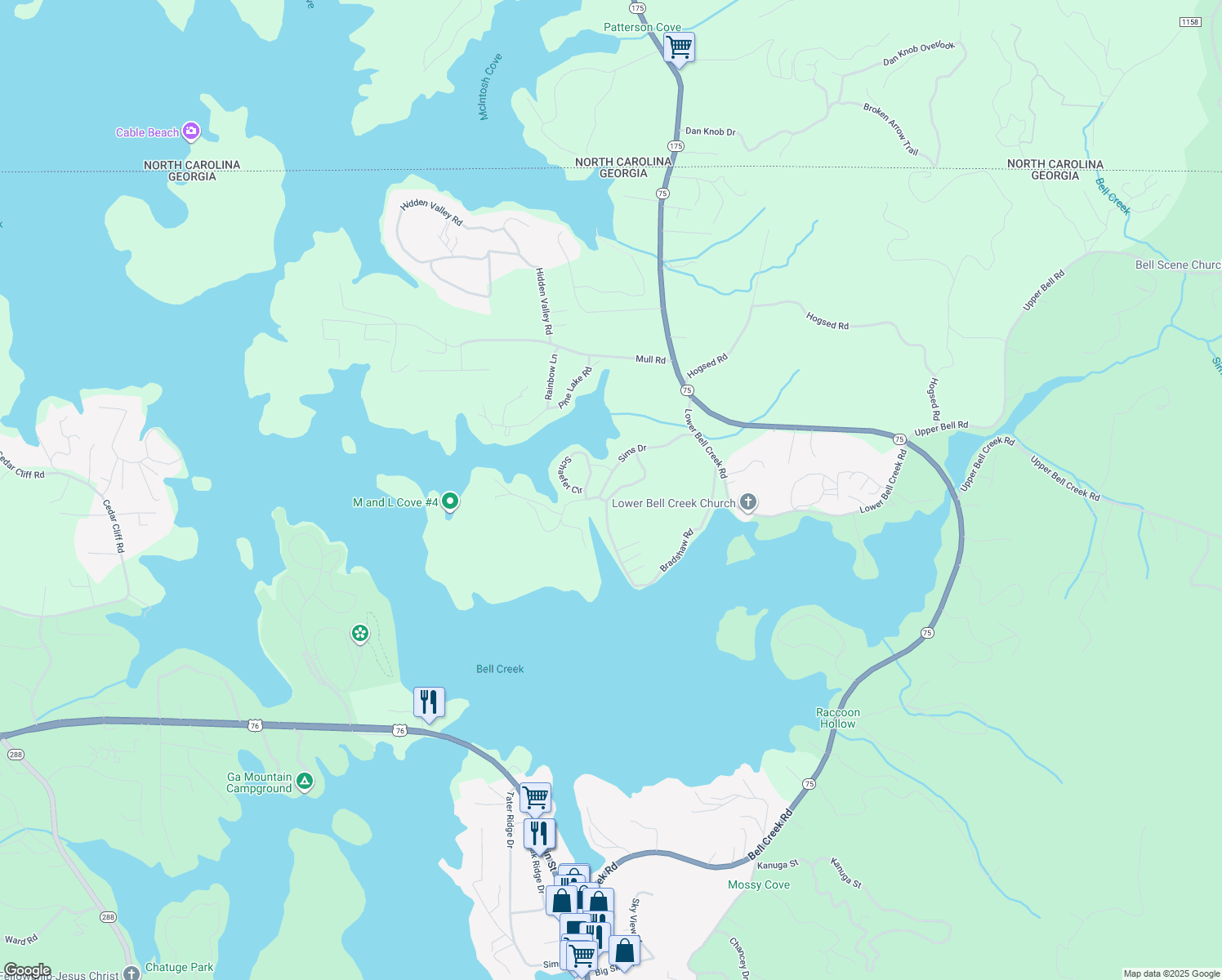map of restaurants, bars, coffee shops, grocery stores, and more near 17 Rock Hill Road in Hiawassee