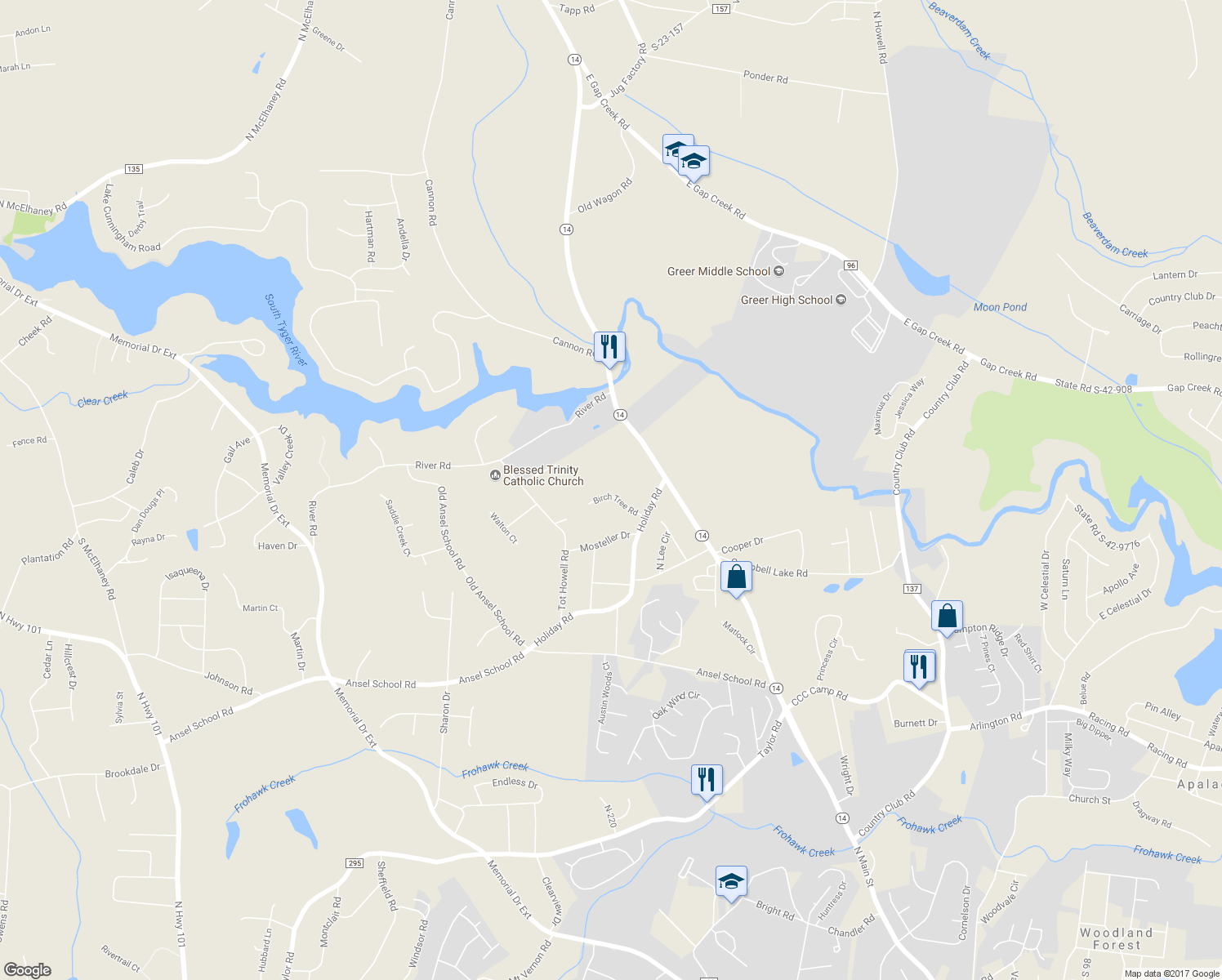 map of restaurants, bars, coffee shops, grocery stores, and more near 22 Birch Tree Road in Greer