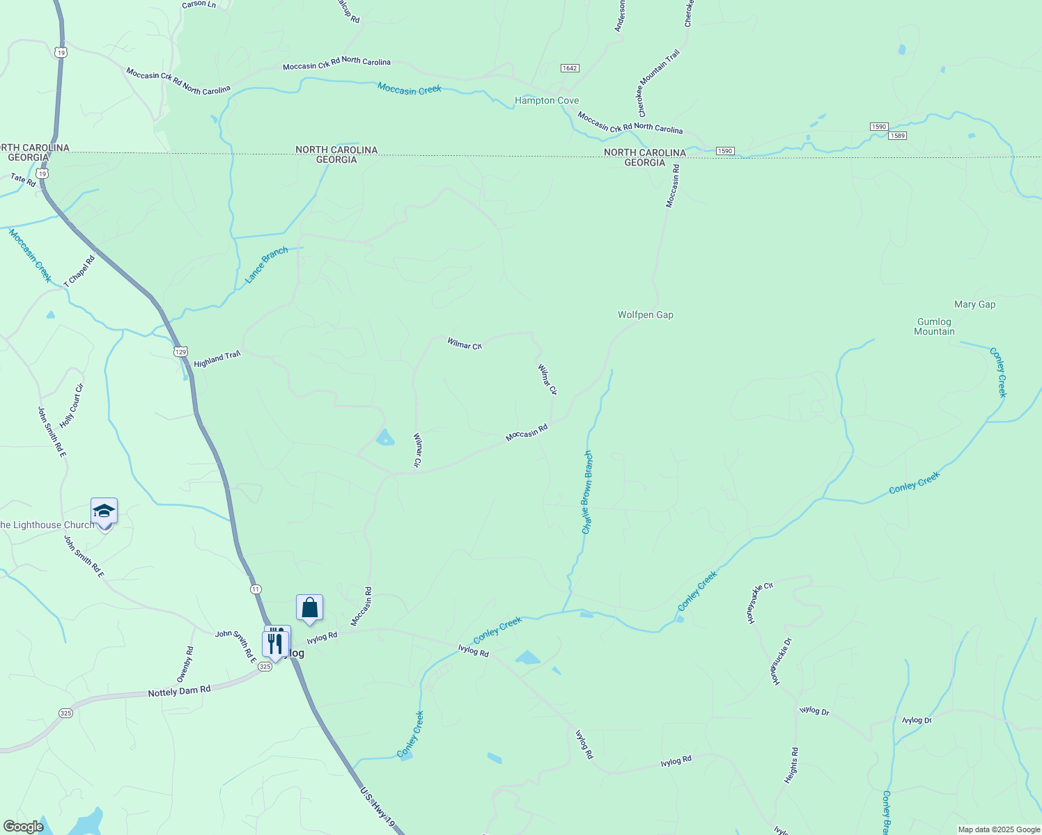 map of restaurants, bars, coffee shops, grocery stores, and more near 58 Durbin Road in Blairsville
